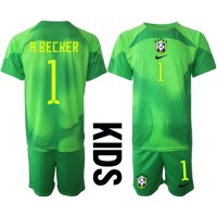 Echipament fotbal Brazilia Alisson Becker #1 Portar Tricou Deplasare Mondial 2022 pentru copii maneca scurta (+ Pantaloni scurti)